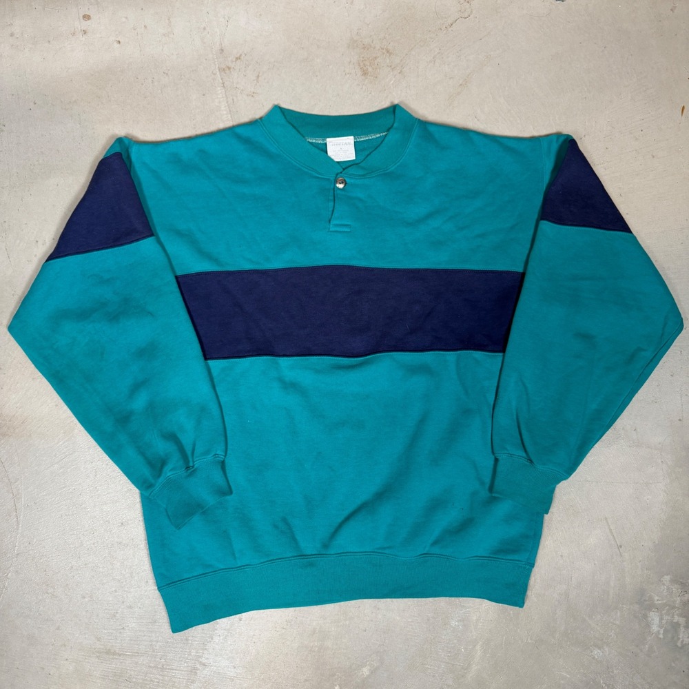 Vintage Jerzees Henley Sweatshirt Mens Medium Teal Navy Color Block 90s Pullover